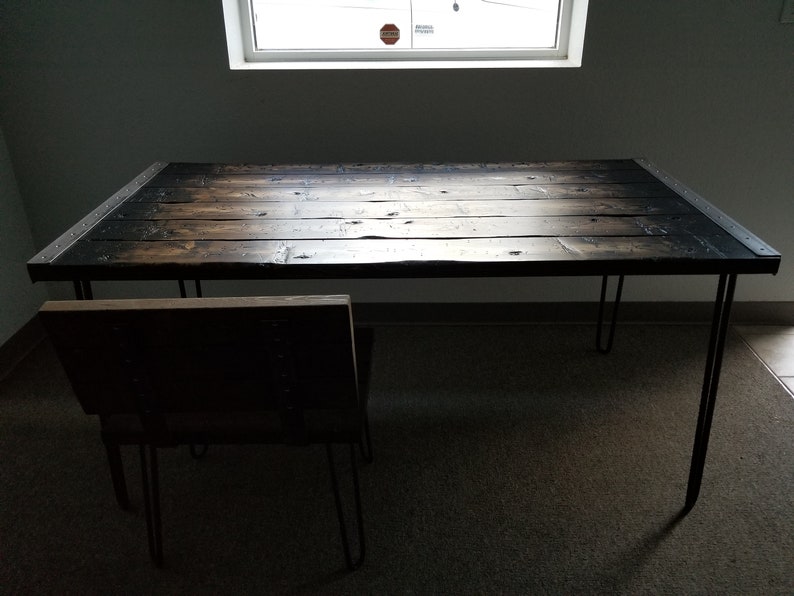 Tortured Reclaimed Distressed Industrial Wood Desk with rebar hairpin legs image 5