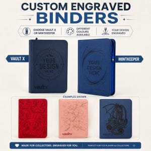 Könnte beinhalten: Individuell gravierte Sammelordner mit Vault X und Mintkeeper Optionen. Das Bild zeigt verschiedene Farben und Designs, darunter einen roten Ordner mit Daruma-Puppen, einen rosa Ordner mit Kirschblüten und einen blauen Ordner mit Drachenmotiv.
