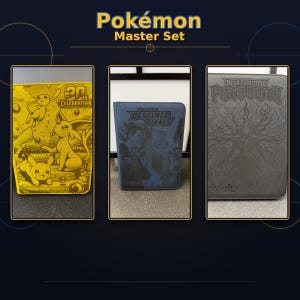 May include: Three rectangular trading card binders labelled Pokémon Master Set. The left binder is yellow with Pikachu, Eevee, and Mew illustrations and 20th Celebration text. The centre binder is blue with Destined Rivals text. The right binder is black.