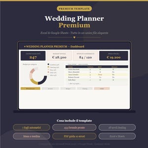 Può includere: Un modello digitale di wedding planner con sfondo scuro. Il modello include sezioni per budget, lista invitati e disposizione dei posti a sedere. Il testo include "Wedding Planner Premium" e "Excel & Google Sheets."