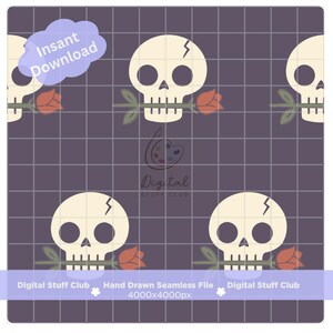 May include: A seamless digital pattern featuring off-white skulls with a small lightning bolt crack on the forehead, each holding a red rose with green leaves in its teeth, set against a dark purple grid background with the text Insant Download.