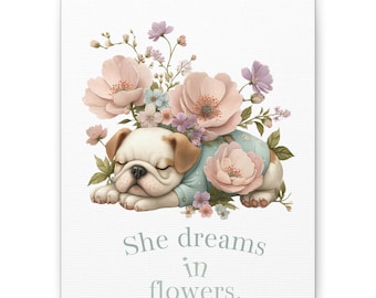 Sleeping Bulldog with Pastel Flowers Canvas