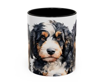 Bernedoodle Portrait Accent Coffee Mug | Dog Illustration, Black Handle