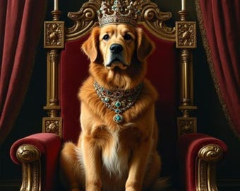 Baron | Golden Retriever Royal Portrait Digital Download | Diamond Crown Dog Wall Art | Dog Lover Gift