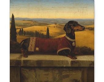 Here is Dante | Dachshund Renaissance Portrait Canvas | Dramatic Tuscan Sky Dog Art | Luxury Dog Lover Gift