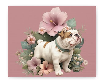 English Bulldog Floral Art Canvas | Matte Stretched Canvas