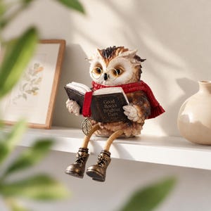 Könnte beinhalten: Eine braun-weiße Eulenfigur mit goldener Brille und rotem Schal, die sitzt und ein offenes Buch mit dem Text Good Books Brighter Days hält. Die Eule hat baumelnde Beine mit braunen Stiefeln und ein rotes Lesezeichen mit einem goldenen Blatt.