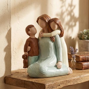 May include: A ceramic figurine depicting a mother embracing two children. The mother is in a light blue dress, and the children are in brown and white clothing. The boy holds a small teddy bear. The figurine is on a wooden shelf.