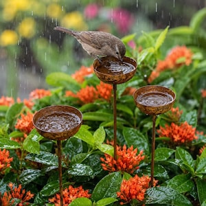 May include: A small brown bird drinks from a bronze bird bath in a garden. The bird bath has three shallow, bowl-shaped water containers on slender stems. The garden features vibrant orange flowers and lush green foliage, with rain falling.