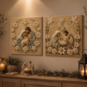 May include: Two square wall art panels featuring the Holy Family in a nativity scene, adorned with intricate pearl and bead embellishments, floral motifs, and a central star. Below, a small resin nativity figurine set sits on a wooden surface.