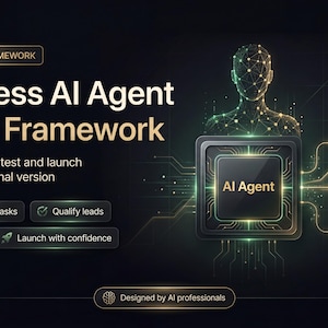 Puede incluir: Gráfico digital que promociona un "Business AI Agent 7-Day Framework". La imagen presenta una figura de IA estilizada, un icono central "AI Agent" y texto que destaca características como la reducción de tareas manuales y la calificación de clientes potenciales. El precio es de 39 €.