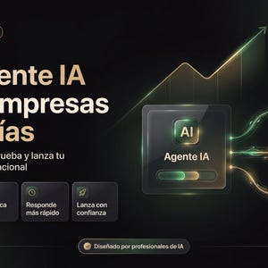 Puede incluir: Gráfico verde oscuro con el texto "Kit Agente IA para Empresas en 7 Días" y otro texto en español. La imagen incluye un diagrama con un icono de IA, una barra de progreso y líneas de conexión a otros iconos. Una etiqueta de precio muestra "39 €".