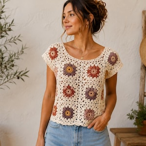 Crochet Summer Top Pattern PDF, Floral Granny Square Blouse, Boho tshirt