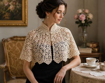 Elegantes Capelet Häkelmuster | Stehkragen Spitzen-Schal, Frosch Abschlüsse (PDF Download)