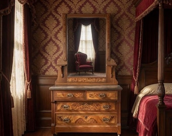 Set of Eastlake, walnut burl veneer,  granite top, dresser with mirror and wash stand
