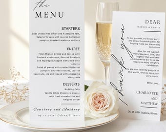 Wedding Menu and Thank You Card Template, Editable Dinner Menu Printable, Napkin Note Set