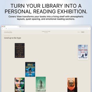 Puede incluir: Una pantalla de ordenador muestra una biblioteca digital con portadas de libros. El texto en la parte superior dice: "CONVIERTE TU BIBLIOTECA EN UNA EXHIBICI&Oacute;N DE LECTURA PERSONAL." Se ven varias portadas de libros, incluyendo "The Invisible Life of Addie LaRue" y "The Diamond Eye".