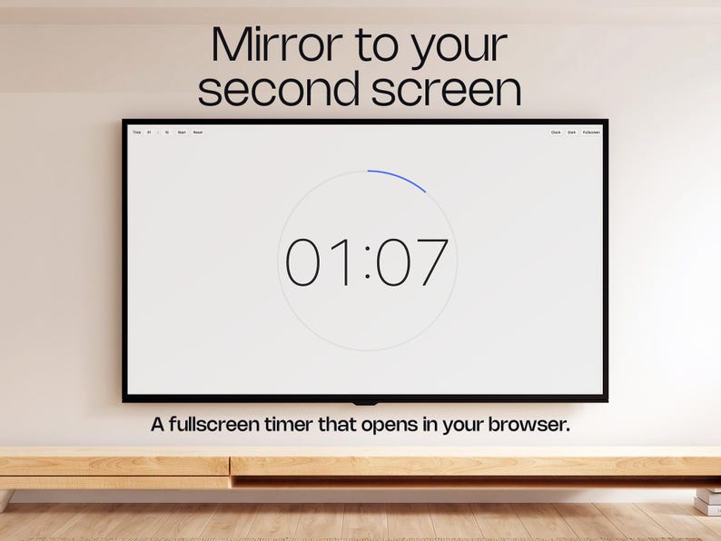 Puede incluir: Un televisor grande con marco negro muestra un temporizador a pantalla completa con la hora 01:07. El texto "Mirror to your second screen" est&aacute; encima de la pantalla, y "A fullscreen timer that opens in your browser" est&aacute; debajo.