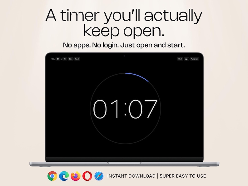 Puede incluir: Una pantalla de port&aacute;til muestra un temporizador digital con la hora 01:07 en blanco. El temporizador tiene un fondo negro y un indicador de progreso azul. El texto de arriba dice "A timer you'll actually keep open."