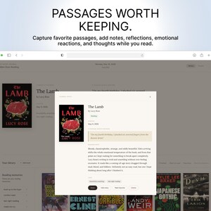 Puede incluir: Interfaz digital que muestra la portada del libro "The Lamb" de Lucy Rose, con un gr&aacute;fico de carne roja. La pantalla muestra una ventana emergente para agregar notas y reflexiones mientras se lee. El texto en la parte superior dice "PASSAGES WORTH KEEPING."