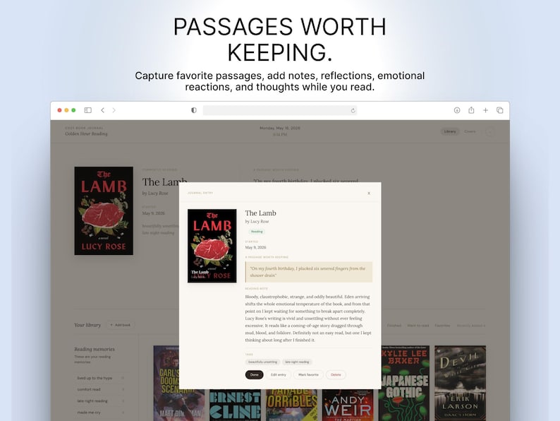 Puede incluir: Interfaz digital que muestra la portada del libro "The Lamb" de Lucy Rose, con un gr&aacute;fico de carne roja. La pantalla muestra una ventana emergente para agregar notas y reflexiones mientras se lee. El texto en la parte superior dice "PASSAGES WORTH KEEPING."
