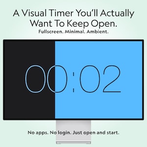 Puede incluir: Un temporizador digital con una pantalla dividida en negro y azul que muestra "00:02". El texto en la parte superior dice "A Visual Timer You'll Actually Want To Keep Open." El texto inferior dice "No apps. No login. Just open and start."