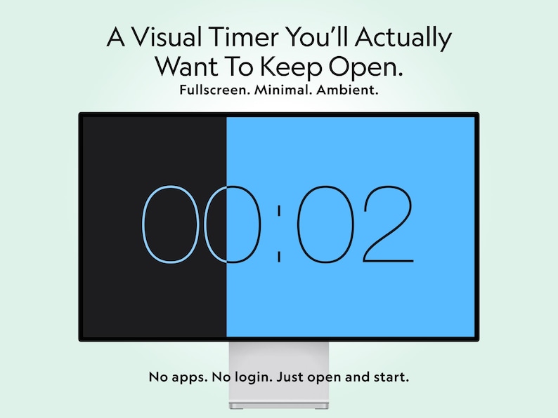 Pu&ograve; includere: Un timer digitale con uno schermo diviso in nero e blu che mostra "00:02". Il testo in alto recita "A Visual Timer You'll Actually Want To Keep Open." Sotto, c'&egrave; scritto "No apps. No login. Just open and start."