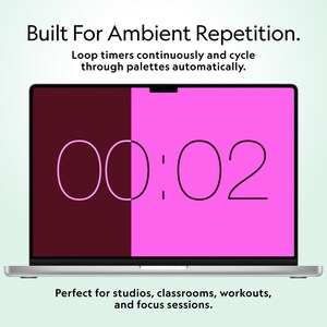 Pu&ograve; includere: Uno schermo di un laptop mostra un timer con il testo "00:02" in stile minimalista. Lo schermo &egrave; diviso in due colori, un bordeaux scuro a sinistra e un rosa acceso a destra. Il testo in alto recita "Built For Ambient Repetition."