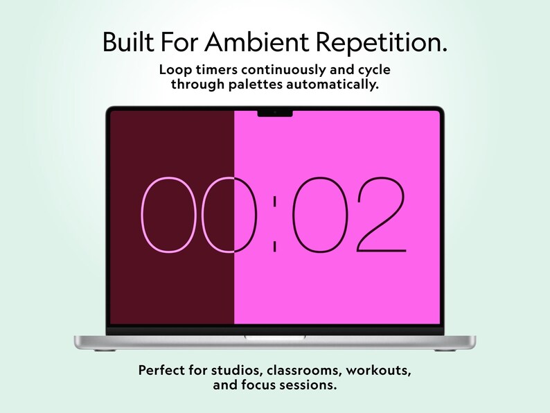 Pu&ograve; includere: Uno schermo di un laptop mostra un timer con il testo "00:02" in stile minimalista. Lo schermo &egrave; diviso in due colori, un bordeaux scuro a sinistra e un rosa acceso a destra. Il testo in alto recita "Built For Ambient Repetition."