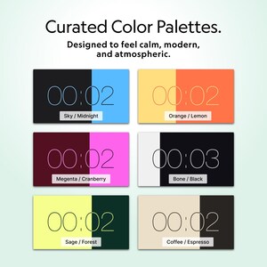 Pu&ograve; includere: Immagine con sei palette di colori curate, ciascuna divisa in due colori con un display dell'orologio digitale. Il testo recita "Palette di colori curate" e "Progettato per sentirsi calmi, moderni e suggestivi."