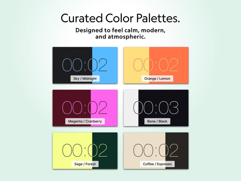 Pu&ograve; includere: Immagine con sei palette di colori curate, ciascuna divisa in due colori con un display dell'orologio digitale. Il testo recita "Palette di colori curate" e "Progettato per sentirsi calmi, moderni e suggestivi."