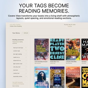 Puede incluir: Captura de pantalla de una interfaz de biblioteca digital con portadas de libros. El texto dice: "TUS ETIQUETAS SE CONVIERTEN EN RECUERDOS DE LECTURA". Los t&iacute;tulos de los libros incluyen "Carl's Doomsday Scenario" y "Ready Player Two". La interfaz muestra recuerdos de lectura y opciones de biblioteca.