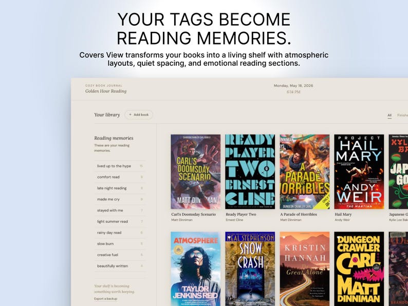 Puede incluir: Captura de pantalla de una interfaz de biblioteca digital con portadas de libros. El texto dice: "TUS ETIQUETAS SE CONVIERTEN EN RECUERDOS DE LECTURA". Los t&iacute;tulos de los libros incluyen "Carl's Doomsday Scenario" y "Ready Player Two". La interfaz muestra recuerdos de lectura y opciones de biblioteca.