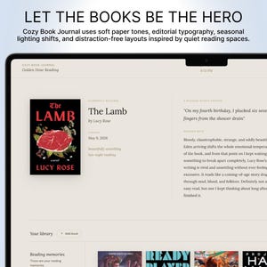 Puede incluir: Una pantalla muestra la portada del libro "The Lamb" de Lucy Rose, con una imagen de carne roja sobre un fondo negro. El texto "LET THE BOOKS BE THE HERO" est&aacute; en la parte superior, promocionando una aplicaci&oacute;n de lectura con tonos suaves y tipograf&iacute;a.