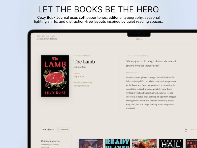 Puede incluir: Una pantalla muestra la portada del libro "The Lamb" de Lucy Rose, con una imagen de carne roja sobre un fondo negro. El texto "LET THE BOOKS BE THE HERO" est&aacute; en la parte superior, promocionando una aplicaci&oacute;n de lectura con tonos suaves y tipograf&iacute;a.