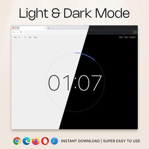 Puede incluir: Interfaz de temporizador digital con pantalla dividida, que muestra opciones de modo claro y oscuro. El temporizador muestra "01:07" dentro de un dise&ntilde;o circular. El texto "Light & Dark Mode" est&aacute; en la parte superior. Iconos de navegadores web populares en la parte inferior.