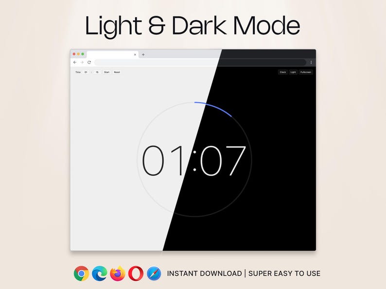Puede incluir: Interfaz de temporizador digital con pantalla dividida, que muestra opciones de modo claro y oscuro. El temporizador muestra "01:07" dentro de un dise&ntilde;o circular. El texto "Light & Dark Mode" est&aacute; en la parte superior. Iconos de navegadores web populares en la parte inferior.