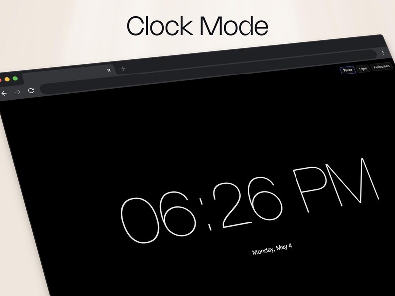 Puede incluir: Una pantalla de reloj digital en negro, mostrando la hora 06:26 PM. La fecha, lunes 4 de mayo, se muestra debajo de la hora. Las palabras "Clock Mode" est&aacute;n en la parte superior de la pantalla.