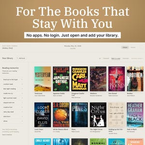 Puede incluir: Una interfaz de biblioteca digital muestra portadas de libros como "Yesteryear" y "Japanese Gothic". El texto "For The Books That Stay With You" est&aacute; en la parte superior, con "No apps. No login. Just open and add your library." debajo.