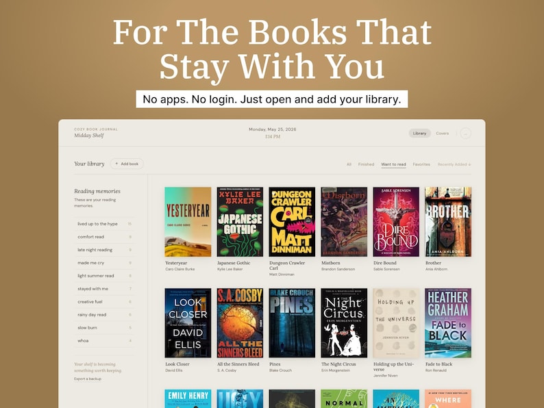 Puede incluir: Una interfaz de biblioteca digital muestra portadas de libros como "Yesteryear" y "Japanese Gothic". El texto "For The Books That Stay With You" est&aacute; en la parte superior, con "No apps. No login. Just open and add your library." debajo.