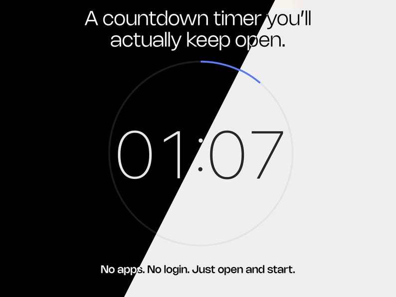 Puede incluir: Un temporizador de cuenta regresiva digital que muestra 01:07 sobre un fondo en blanco y negro. El texto dice: "Un temporizador de cuenta regresiva que realmente mantendr&aacute;s abierto." y "Sin aplicaciones. Sin inicio de sesi&oacute;n. Simplemente abre y comienza."