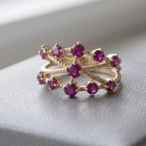 AAA Ruby Crisscross Ring, Gold Plated 925 Sterling Silver Multi Stone Band, Red Gemstone Cross Band Ring, July Birthstone Gift for Her