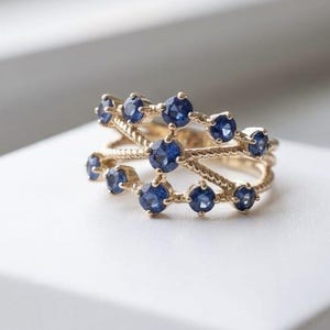 AAA Blue Sapphire Crisscross Ring, Gold Plated 925 Sterling Silver Multi Stone Band, Royal Blue Gemstone Ring, September Birthstone Gift
