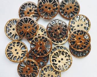 5 x Coconut Shell Filigree Flower Buttons Dark Brown on one side, Beige on another  20mm. Sewing, knitting, crocheting, scrap book, art.