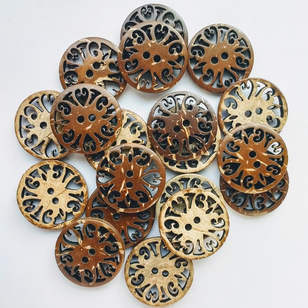 5 x Coconut Shell Filigree Flower Buttons Dark Brown on one side, Beige on another  20mm. Sewing, knitting, crocheting, scrap book, art.