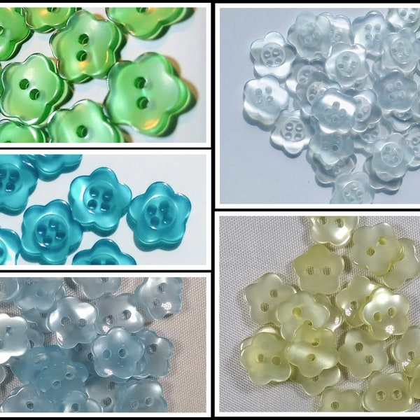 LeMSKoR 15 x 10mm, 10 x 12mm Resin White, Blue, Yellow, Green, Turquoise Small FLOWER BUTTONS - PEARLY Finish