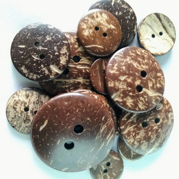 Natural  sewing, craft coconut shell buttons 11.5mm, 15mm, 20mm, 25mm, 30mm, 34mm, 38mm, 44 mm.