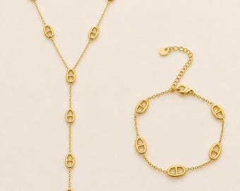 Duo Collier Y + Bracelet maille marine doré acier inoxydable, cadeau femme adolescente, bijoux parisien chic élégant minimaliste