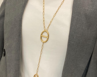 Y-vormige ketting van 14-karaats verguld roestvrij staal met een maritiem mesh-design, een elegante en chique minimalistische lange ketting, een ideaal sieraadcadeau voor tienermeisjes en vrouwen.