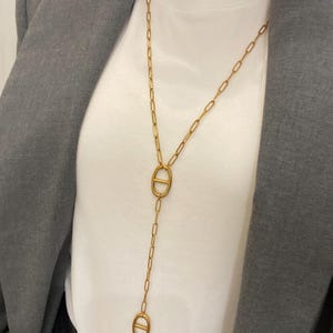 ステンレススチール製のロングネックレス、Y字型ネックレス、トレンディなゴールドの豚の鼻デザイン、ミニマルでシックなパリジャンジュエリー - 10代の女の子や女性へのギフトに最適